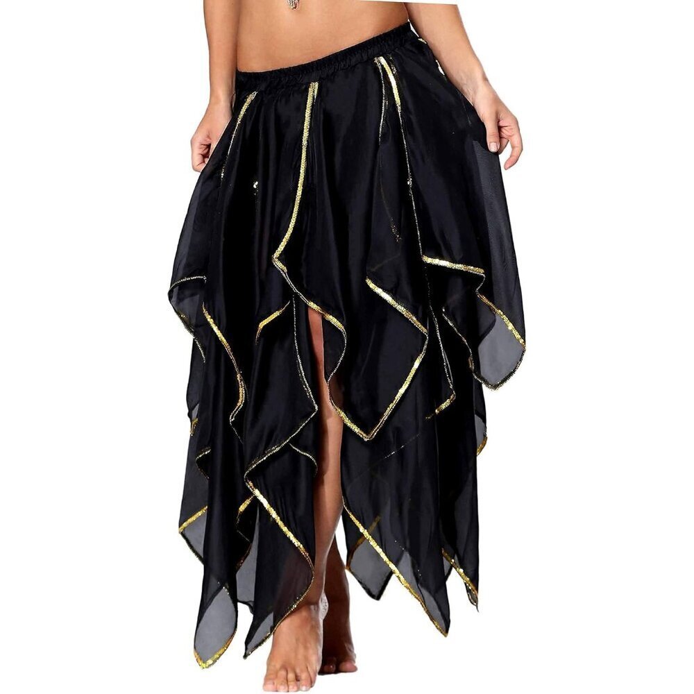 Women's 10 Panel - Black Drawstring Gold Sequin Chiffon Skirt Dance Costume
